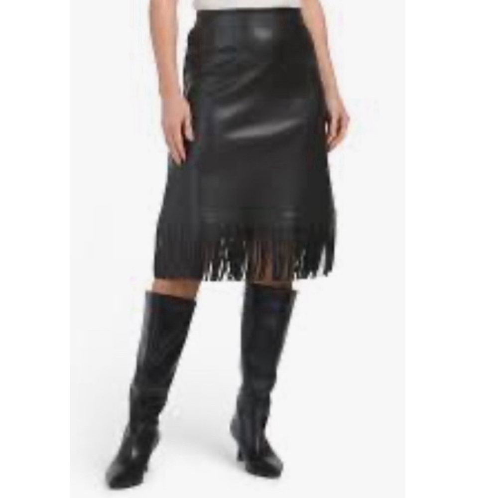 Genuine Leather Black Fringed Midi Skirt Size 12/14 Lined/Zipper Brand:Bagatelle